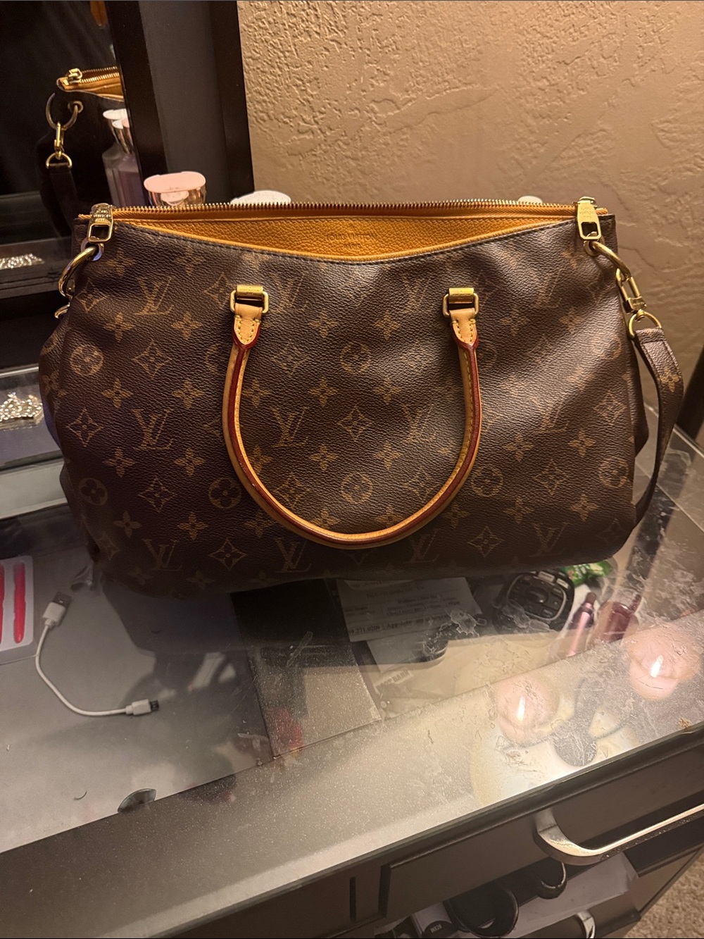 Louis Vuitton Monogram Canvas Shoulder Bag with Tan Leather Trim